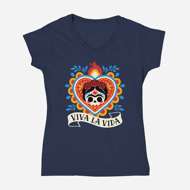 Calavera Frida Sagrado Corazon-Womens-V-Neck-Tee-NemiMakeit