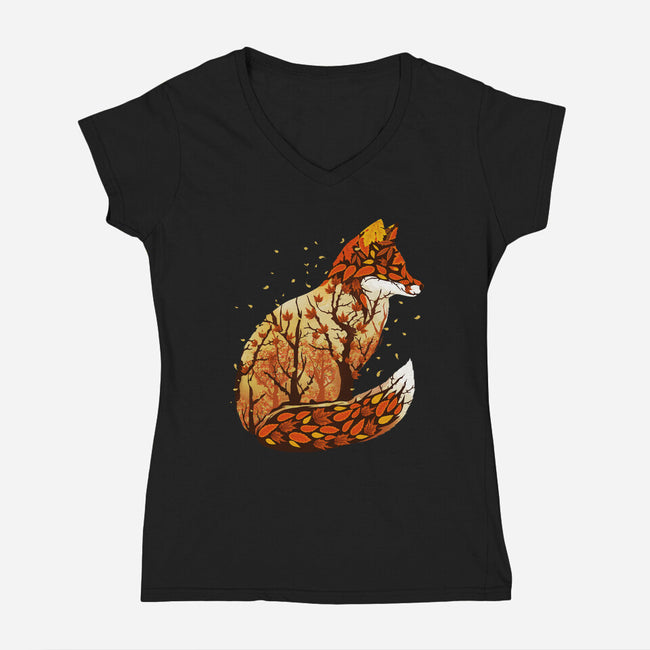 Autumn Fox Landscape-Womens-V-Neck-Tee-dandingeroz