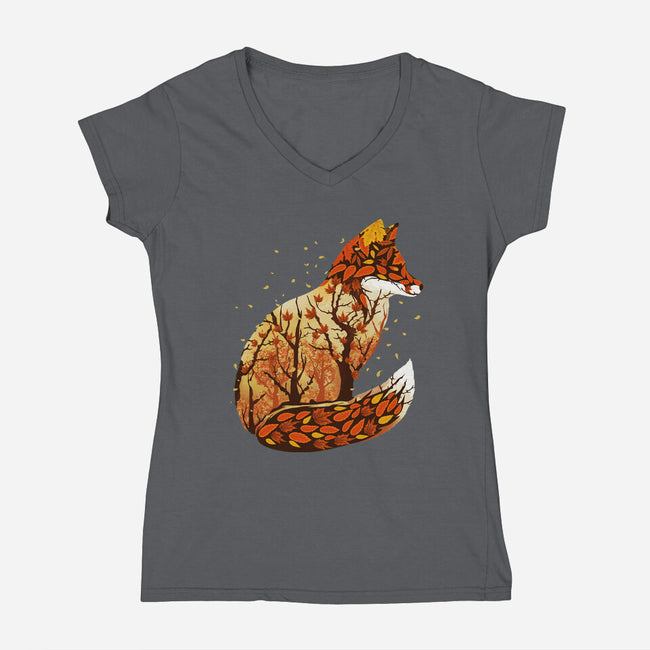 Autumn Fox Landscape-Womens-V-Neck-Tee-dandingeroz