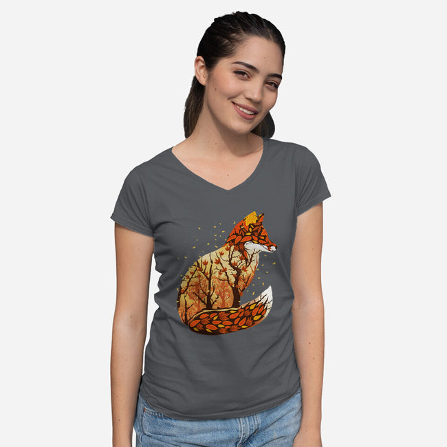 Autumn Fox Landscape-Womens-V-Neck-Tee-dandingeroz