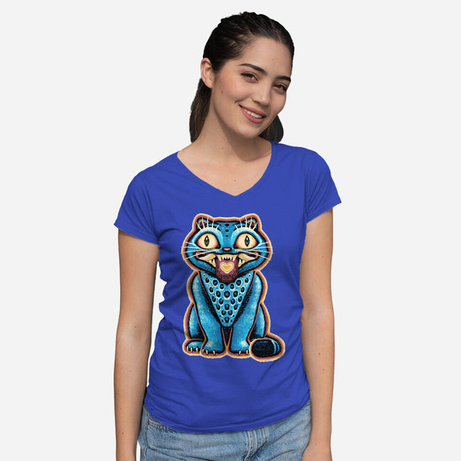 Embroidered Cat-Womens-V-Neck-Tee-glitchygorilla