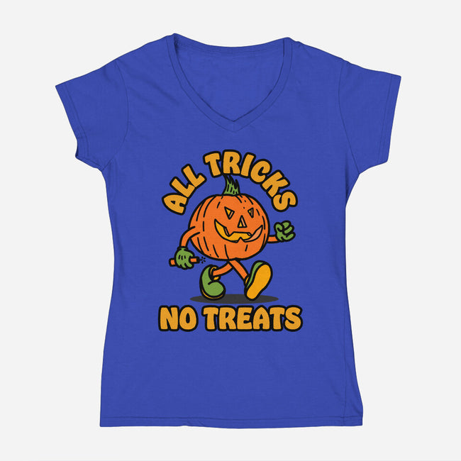 All Tricks No Treats-Womens-V-Neck-Tee-lunchboxbrain
