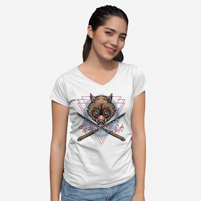Raging Boar-Womens-V-Neck-Tee-glitchygorilla