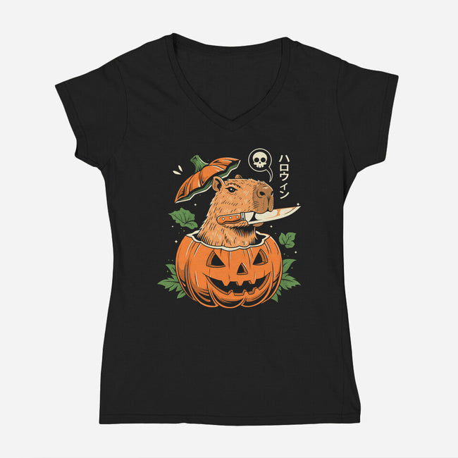 Pumpkin Capybara Slayer-Womens-V-Neck-Tee-Eoli Studio