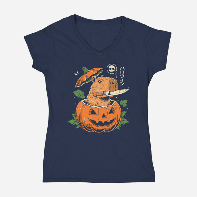 Pumpkin Capybara Slayer-Womens-V-Neck-Tee-Eoli Studio