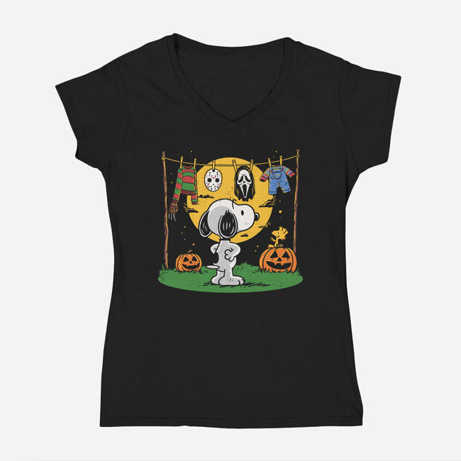 Snoopy Halloween Costume-Womens-V-Neck-Tee-Marinho