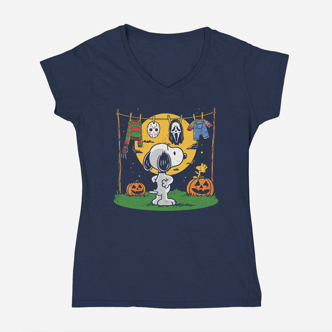 Snoopy Halloween Costume-Womens-V-Neck-Tee-Marinho