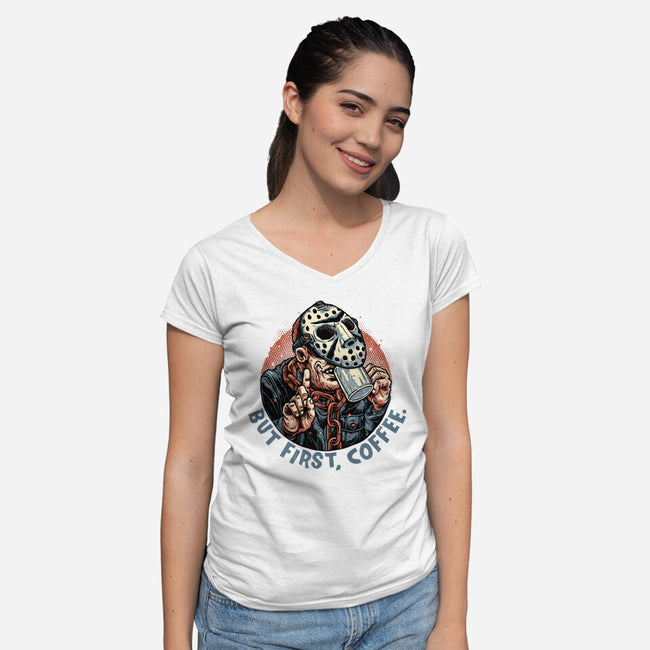 Camp Coffee-Womens-V-Neck-Tee-glitchygorilla
