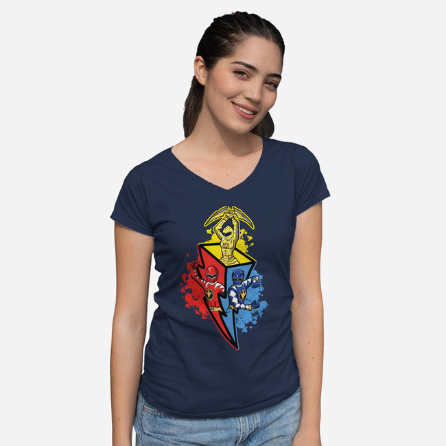 Dino Rangers-Womens-V-Neck-Tee-nickzzarto
