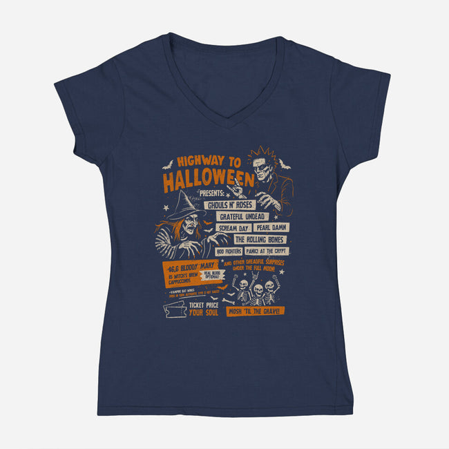 Highway To Halloween-Womens-V-Neck-Tee-eduely
