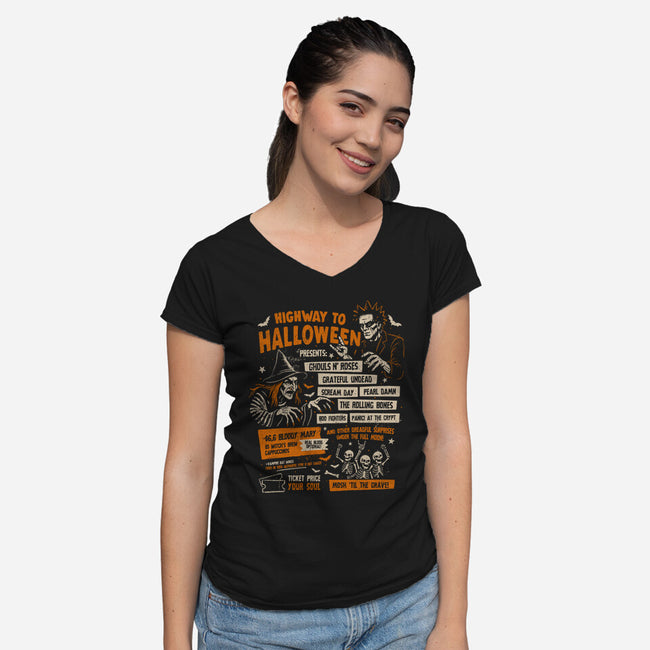 Highway To Halloween-Womens-V-Neck-Tee-eduely