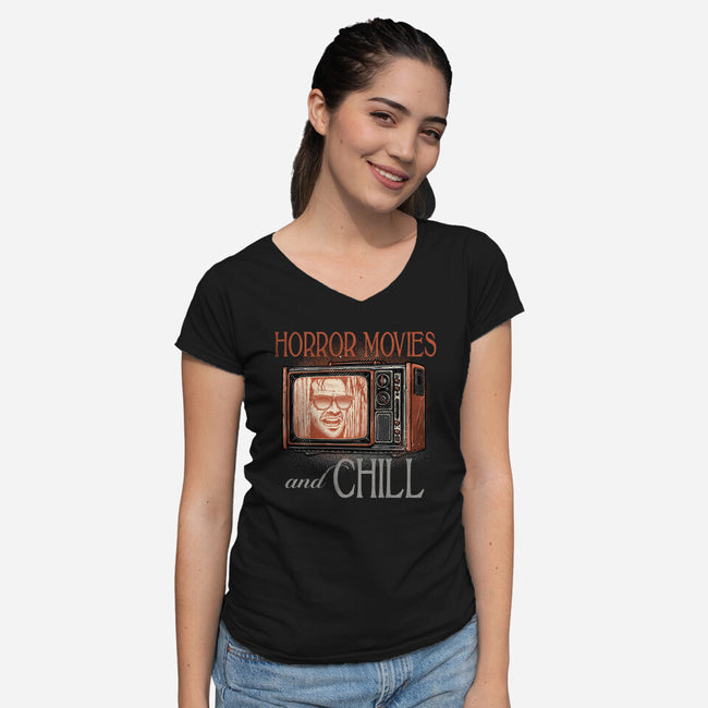 Horror Movies And Chill-Womens-V-Neck-Tee-glitchygorilla