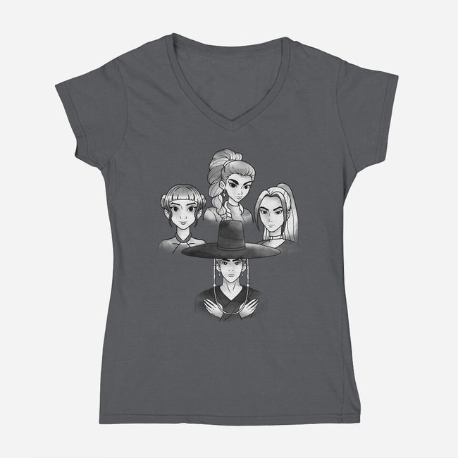 Demon And The Hunters-Womens-V-Neck-Tee-dandingeroz
