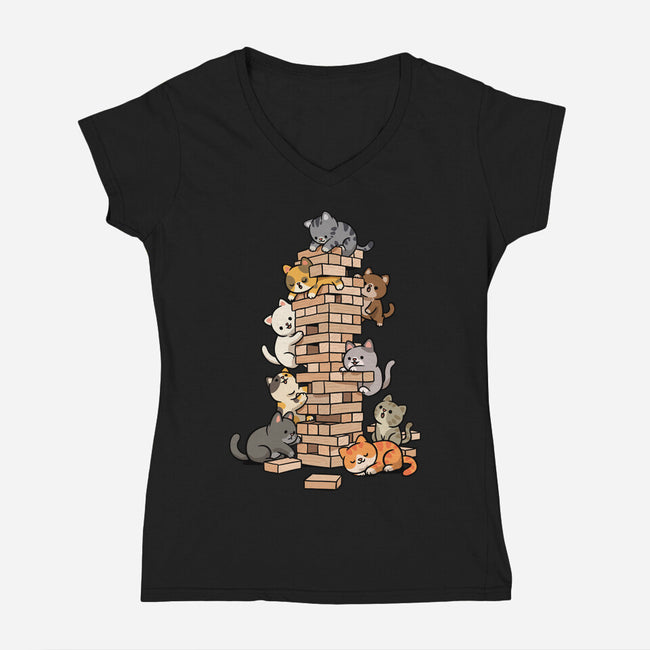 Cat Jenga Tower-Womens-V-Neck-Tee-GoshWow