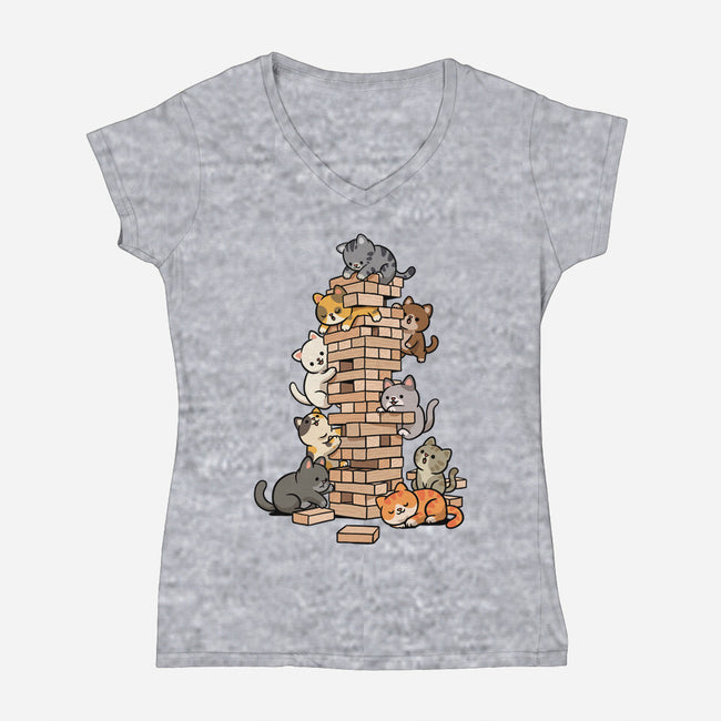 Cat Jenga Tower-Womens-V-Neck-Tee-GoshWow