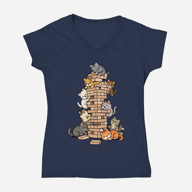Cat Jenga Tower-Womens-V-Neck-Tee-GoshWow