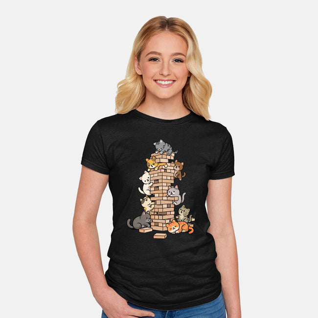 Cat Jenga Tower-Womens-Fitted-Tee-GoshWow