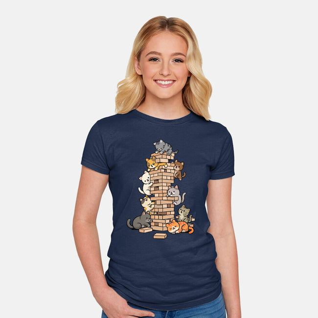 Cat Jenga Tower-Womens-Fitted-Tee-GoshWow