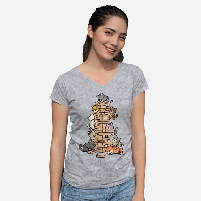 Cat Jenga Tower-Womens-V-Neck-Tee-GoshWow