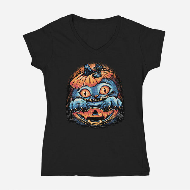 Blue Tiger Pumpkin-Womens-V-Neck-Tee-glitchygorilla