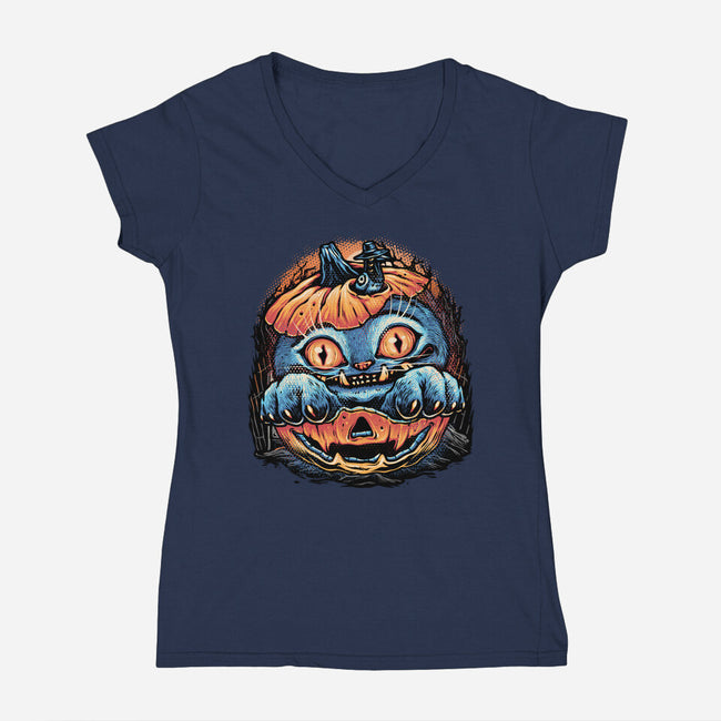 Blue Tiger Pumpkin-Womens-V-Neck-Tee-glitchygorilla
