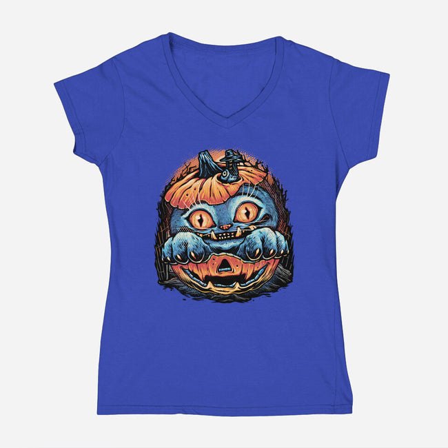 Blue Tiger Pumpkin-Womens-V-Neck-Tee-glitchygorilla