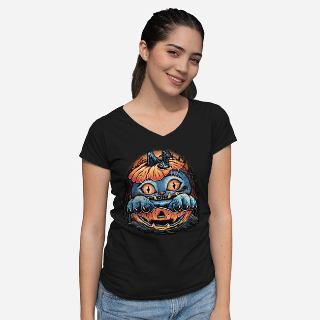 Blue Tiger Pumpkin-Womens-V-Neck-Tee-glitchygorilla