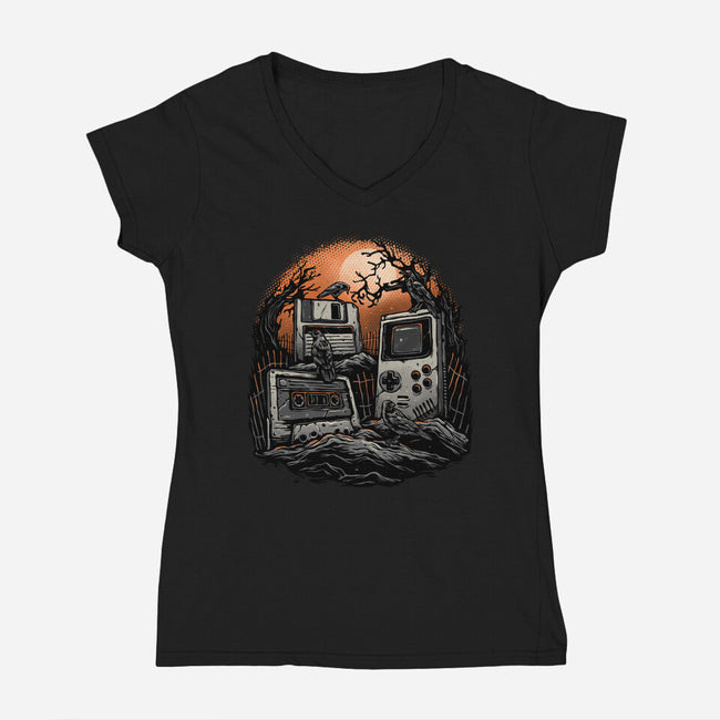 Retro Graveyard-Womens-V-Neck-Tee-glitchygorilla