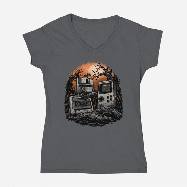 Retro Graveyard-Womens-V-Neck-Tee-glitchygorilla