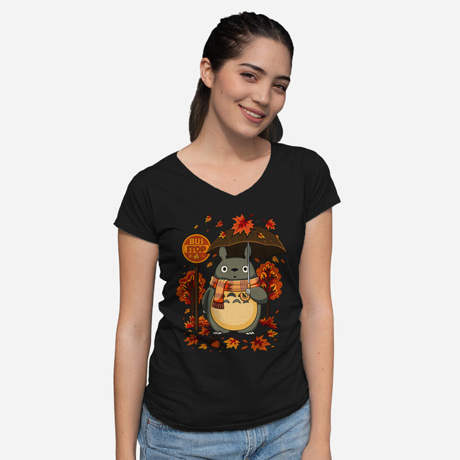 Autumn Bus Stop-Womens-V-Neck-Tee-JamesQJO