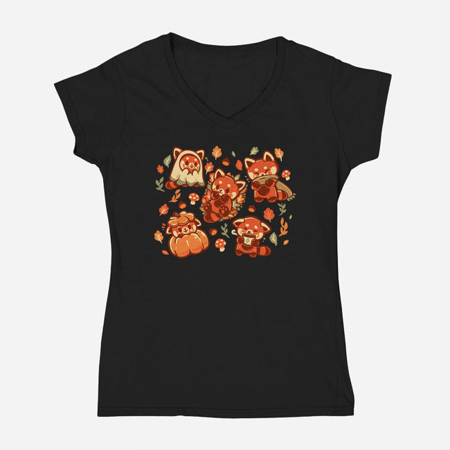 Red Panda Autumn Time-Womens-V-Neck-Tee-TechraNova