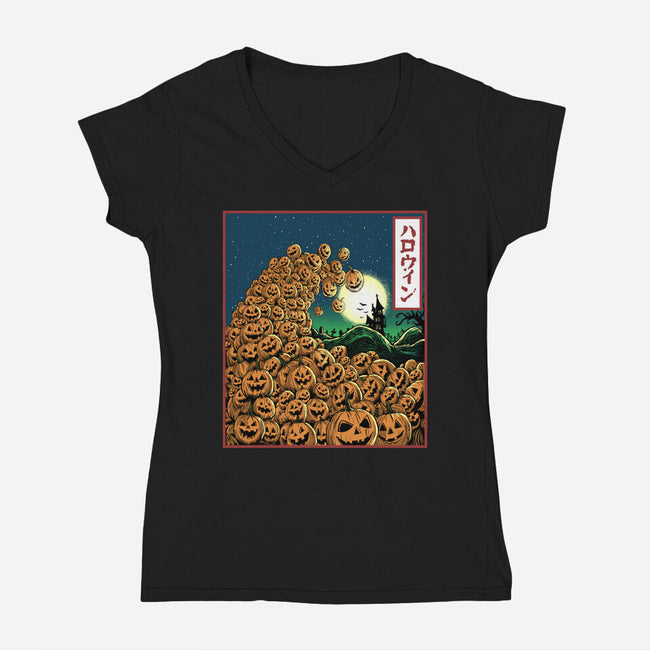The Great Wave Of Halloween-Womens-V-Neck-Tee-zascanauta