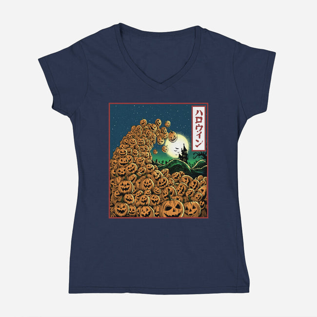 The Great Wave Of Halloween-Womens-V-Neck-Tee-zascanauta