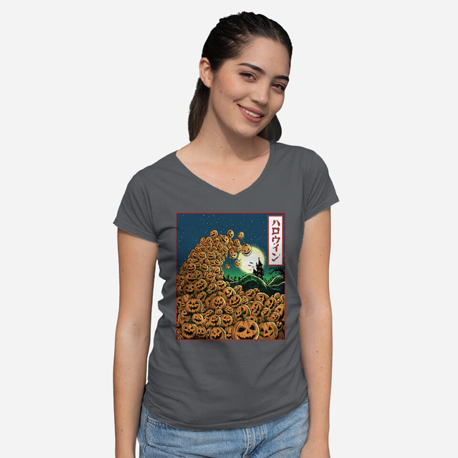 The Great Wave Of Halloween-Womens-V-Neck-Tee-zascanauta