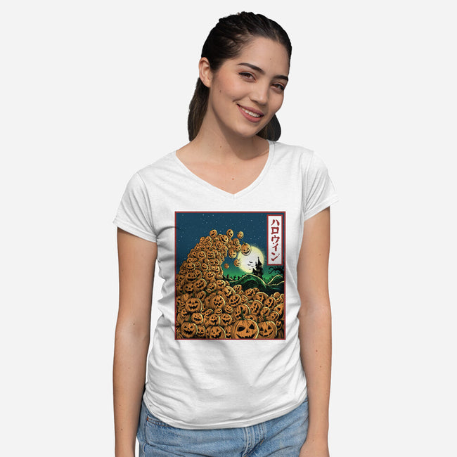 The Great Wave Of Halloween-Womens-V-Neck-Tee-zascanauta