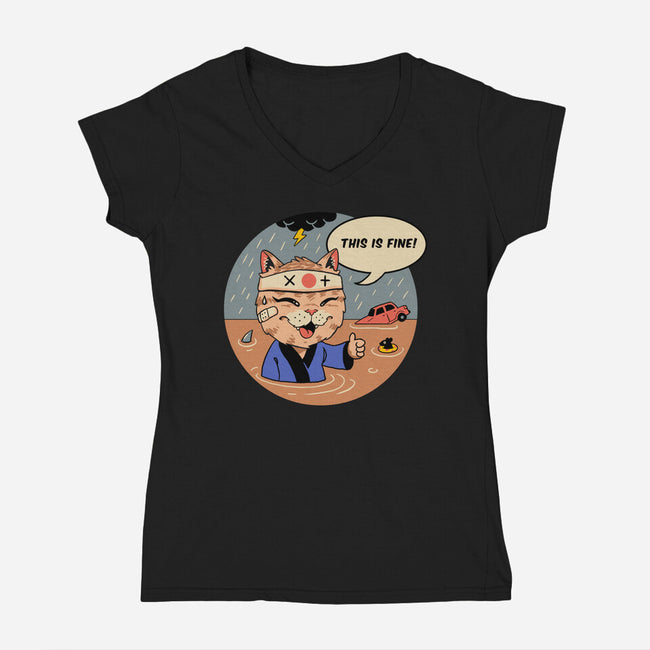 This Is Fine Meowster-Womens-V-Neck-Tee-vp021