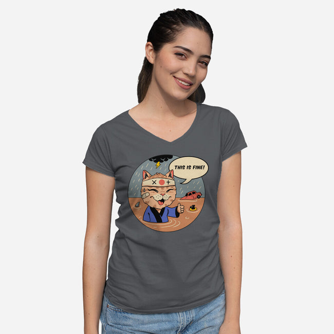 This Is Fine Meowster-Womens-V-Neck-Tee-vp021