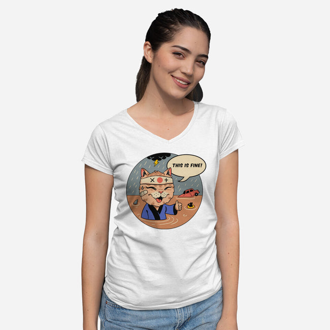This Is Fine Meowster-Womens-V-Neck-Tee-vp021