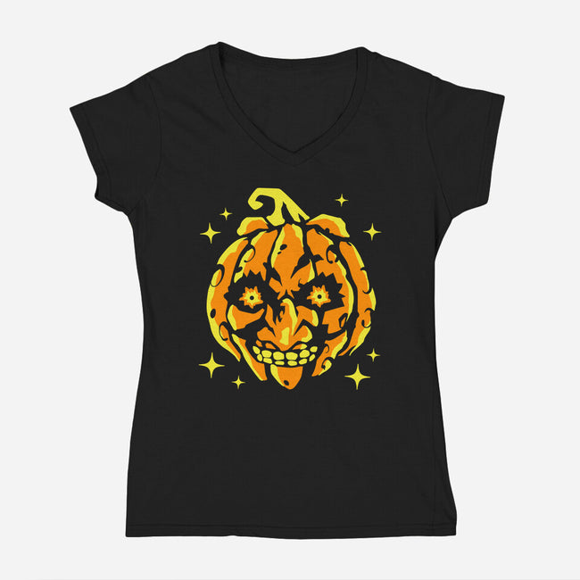 Moon Pumpkin-Womens-V-Neck-Tee-GoblinTengu