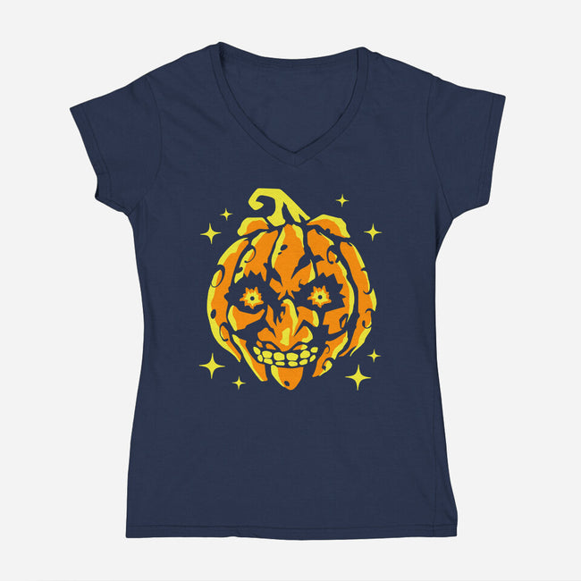 Moon Pumpkin-Womens-V-Neck-Tee-GoblinTengu
