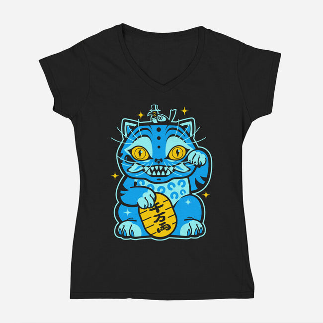 Blue Lucky Tiger-Womens-V-Neck-Tee-GoblinTengu