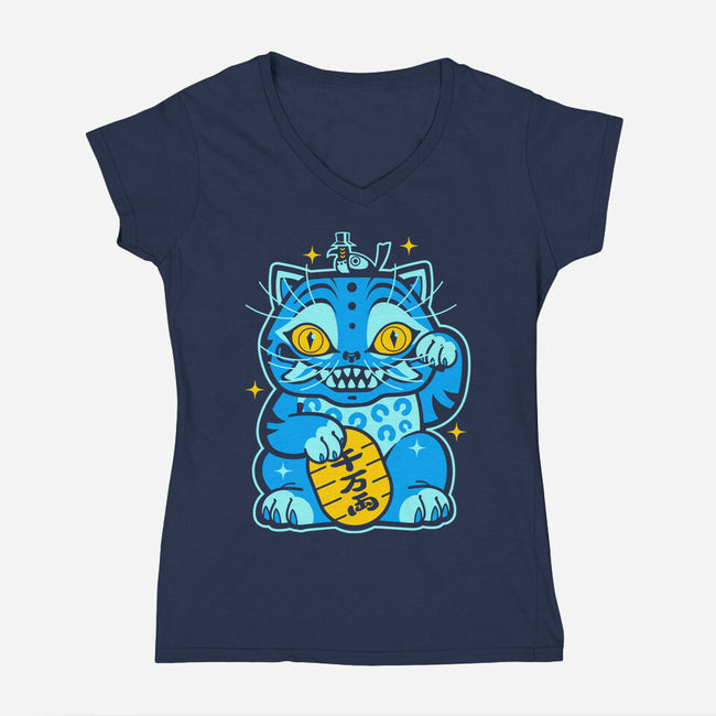 Blue Lucky Tiger-Womens-V-Neck-Tee-GoblinTengu