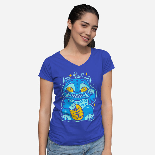Blue Lucky Tiger-Womens-V-Neck-Tee-GoblinTengu
