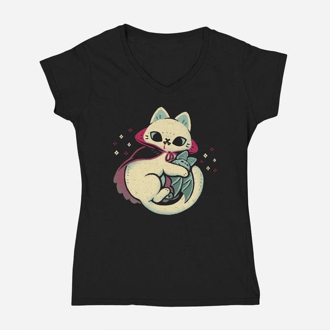 Cute Vampire Cat Bites Bat-Womens-V-Neck-Tee-xMorfina