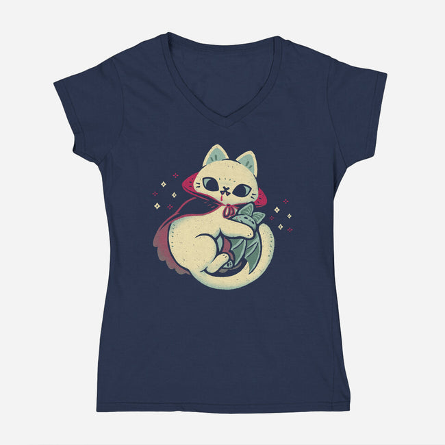 Cute Vampire Cat Bites Bat-Womens-V-Neck-Tee-xMorfina