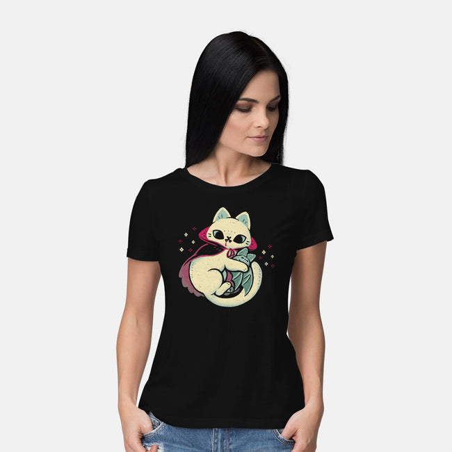 Cute Vampire Cat Bites Bat-Womens-Basic-Tee-xMorfina