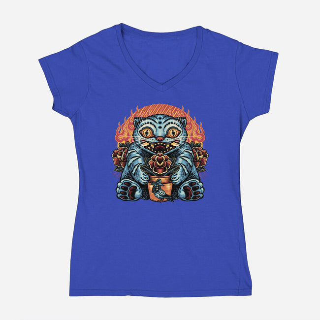 Blue Tiger Red Flame-Womens-V-Neck-Tee-glitchygorilla