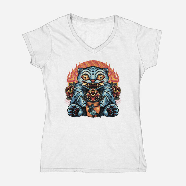 Blue Tiger Red Flame-Womens-V-Neck-Tee-glitchygorilla