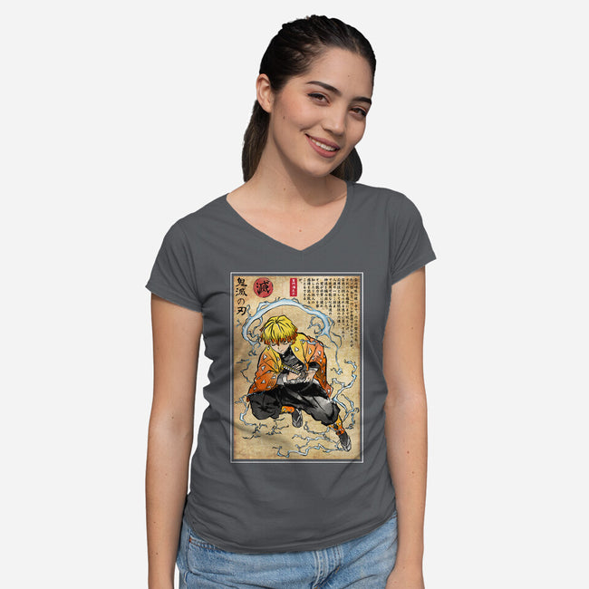 Thunder Breathing Woodblock-Womens-V-Neck-Tee-DrMonekers