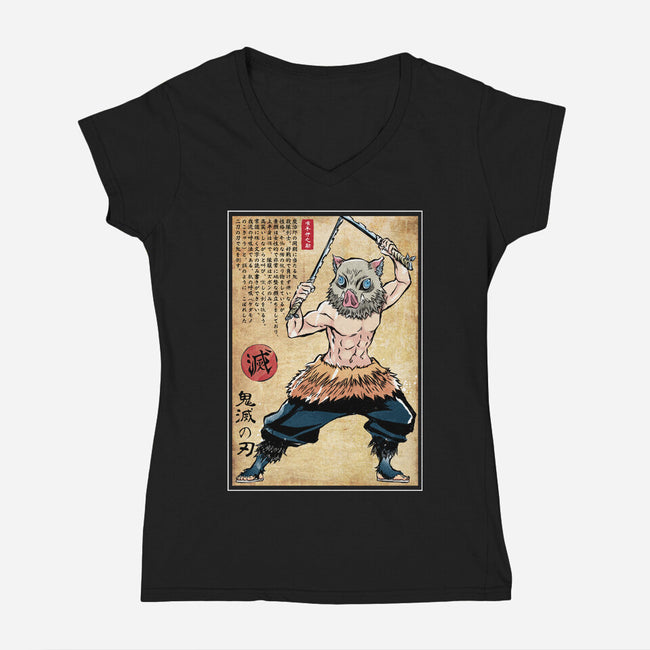 Beast Breathing Woodblock-Womens-V-Neck-Tee-DrMonekers